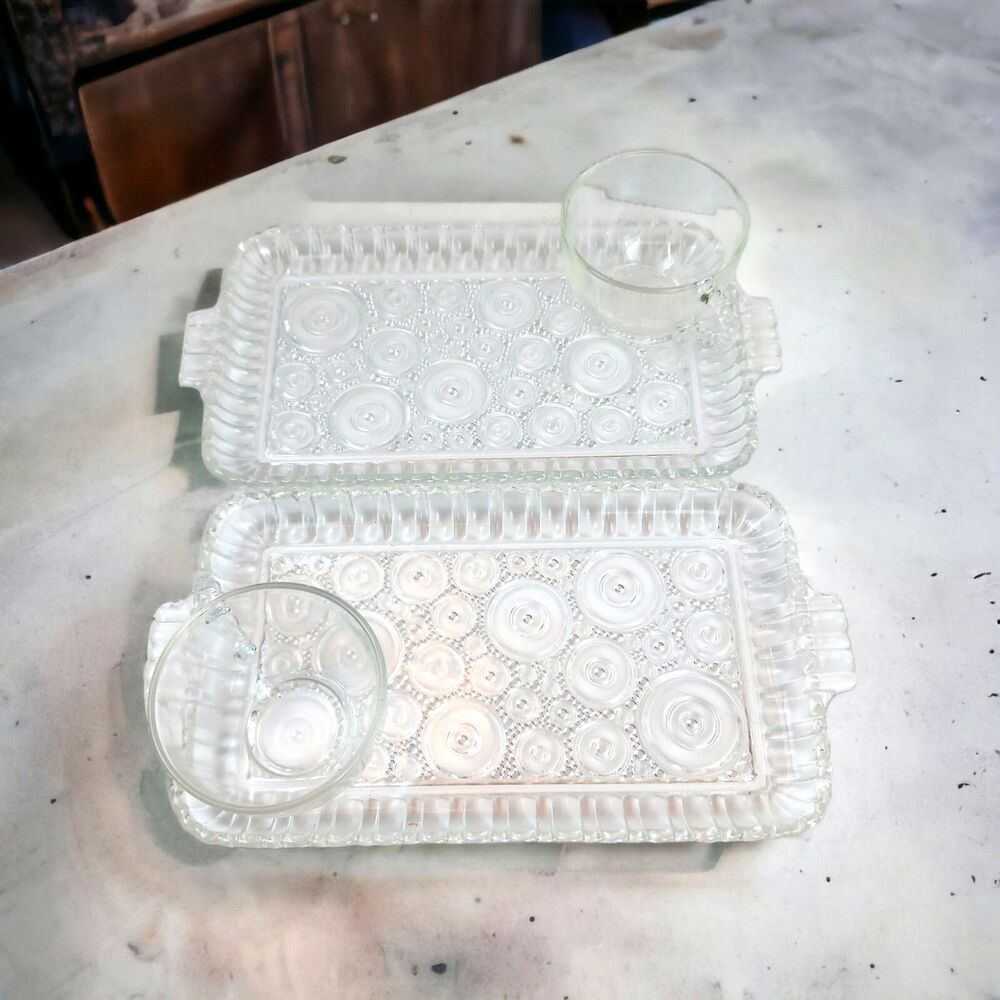 Anchor Hocking Anchorglass Serva-Snack Set 2 Trays & 2 Cups Vintage Glass MCM